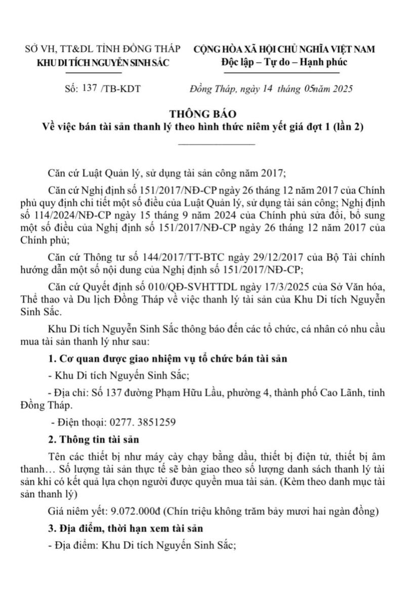 THÔNG BÁO Về việc bán tài sản thanh lý theo hình thức niêm yết giá đợt 1 (lần 2)