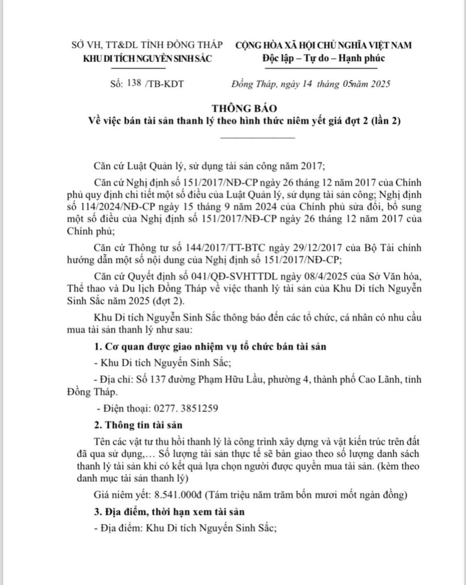 THÔNG BÁO Về việc bán tài sản thanh lý theo hình thức niêm yết giá đợt 2 (lần 2)